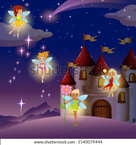 Background scene of castle with fairies flying illustration
