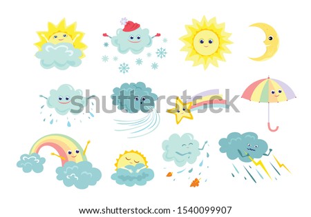 Funny weather icons set isolated on white background. Vector illustration of sun, rain, storm, snow, wind, moon, star with rainbow tail, rainbow, umbrella in cartoon simple flat style. Cute characters Royalty-Free Stock Photo #1540099907