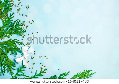 Christmas background. Frame for a New Year's card from fluffy green twigs, snowflakes, a white bow and confetti. Top view, save space, flat lay.