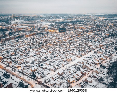 City after heavy snow. Kaunas, Lithuania. Drone aerial view