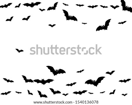 Intimidating black bats swarm isolated on white vector Halloween background. Flying fox night creatures illustration. Silhouettes of flying bats traditional Halloween symbols on white.