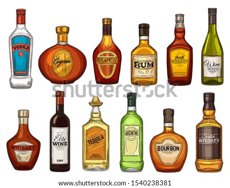 Alcohol drink bottles, bar menu, beverage icons. Vector isolated bottles of quality wine, rum and brandy, Scotch whiskey and vodka, elite alcohol cognac with absinthe, tequila and bourbon Royalty-Free Stock Photo #1540238381