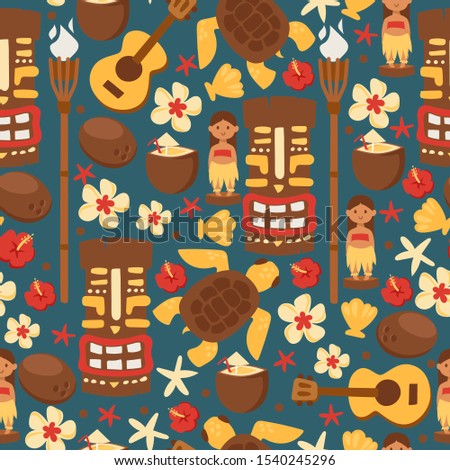 Hawaii seamless pattern, vector illustration. Isolated flat style items, symbols of Hawaiian culture and history. Wrapping paper or fabric print design. Totem idol mask, guitar, flowers and coconut