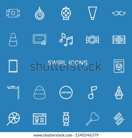 Editable 22 swirl icons for web and mobile. Set of swirl included icons line Candy, Hypnosis, Piping bag, Moustache, Certification, Music notes, Carpet, Certificate on blue background