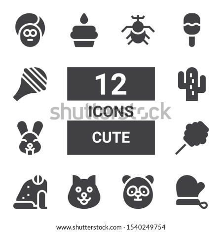 cute icon set. Collection of 12 filled cute icons included Mitten, Panda, Dog, Frog, Cotton candy, Rabbit, Cactus, Cupcake, Rattle, Nasal aspirator, Face, Beetle
