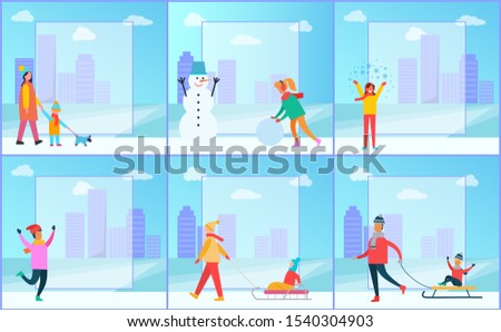 Winter posters collection, family walking dog, woman creating snowman, female happy because of snow, father and kid on sled raster illustration