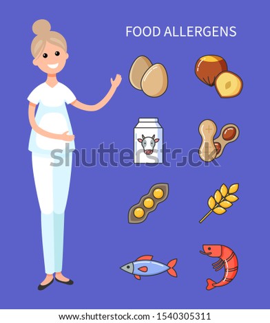 Food allergens, doctor showing organic products causing diseases raster. Nut and cow milk in box, wheat and beans, fish and shrimp, beans and eggs