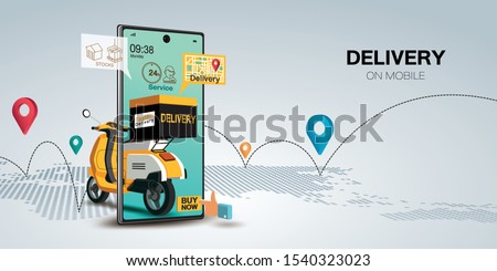 Fast delivery by scooter on mobile. E-commerce concept. Online food order infographic. Webpage, app design. Gray background. Perspective vector Royalty-Free Stock Photo #1540323023