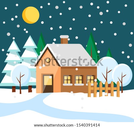 Building with chimney and roof covered with snow. Winter in city or village. Night town with moon at sky and snowfall. Landscape with pine trees and snowy hills estate in countryside flat style vector