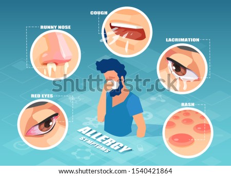 Allergy symptoms concept. Vector of a sick sneezing man having cough, skin rash, runny nose, sore eyes Royalty-Free Stock Photo #1540421864