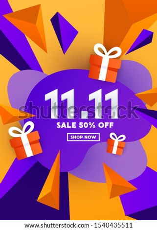 11.11 special offer liquid color web banner design with gift and triangular polygonal shapes on gradient orange background for special offer, sale and discount
