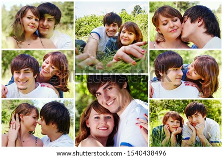 Collage of happy young couple. Man and woman hugging, kissing, lying together on grass. Husband and wife resting outdoors