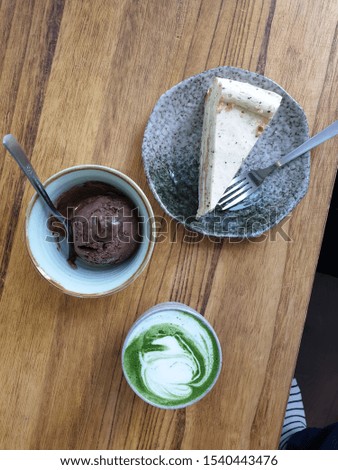 earl grey cake slice, chocolate ice cream and green tea latte 