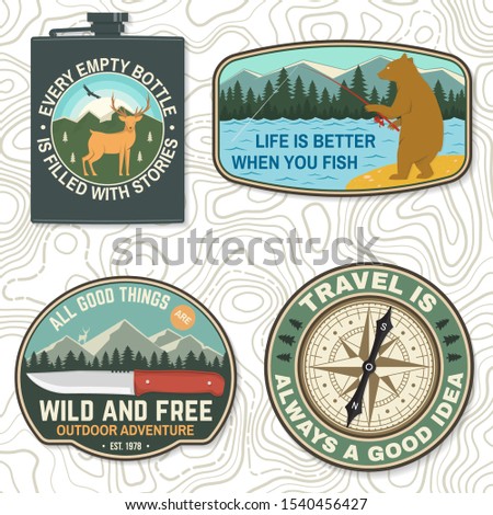Set of outdoor adventure quotes symbol. Vector. Concept for badge, patch, shirt, logo, print, stamp or tee. Design with fishing bear, knife, mountains, deer, compass flask mountains silhouette