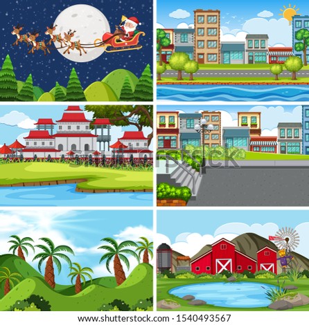 A set of outdoor scene including building illustration