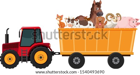 Many farm animals on the tractor illustration