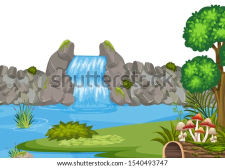 Landscape background with waterfall and green grass illustration