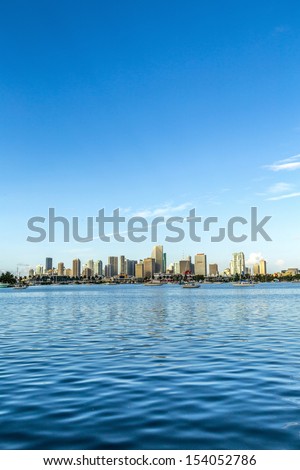 skyline of Miami Florida with  the water of Biscayne Bay. Panoramic skyline of the World famous travel location
