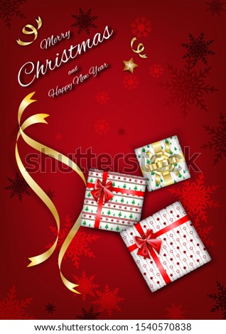 Merry christmas background with gift box, ribbon and snowflakes. Red chic background greeting card.