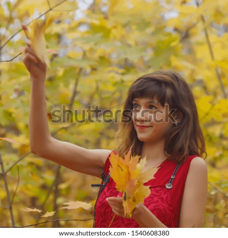 paints of autumn slim beautiful young girl in a bright multi-colored dress on a background of the autumn landscape