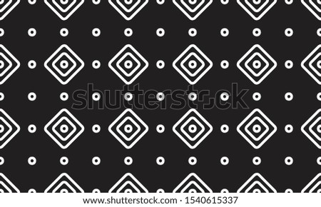 Seamless geometric pattern in folk style with diamonds and circles. Ethnic vintage background in black and white. Vector illustration.