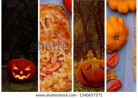 Collage of scary pictures for Halloween, different pumpkins and cake. Horizontal orientation