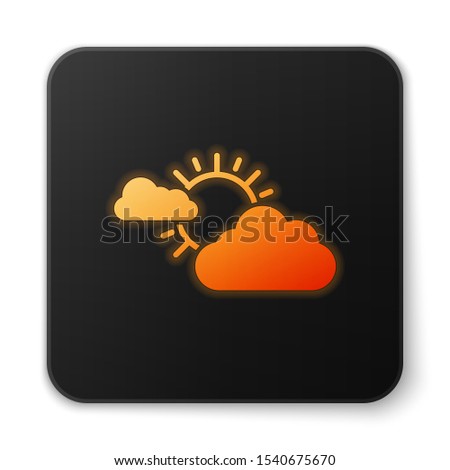 Orange glowing neon Sun and cloud weather icon isolated on white background. Black square button. Vector Illustration
