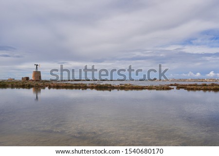Landscape picture of saltpans in traditional salt production close to sicilian city Trapani in italy, historical architecture like water lifting mill, old barrages and shallow ponds with sea water. 