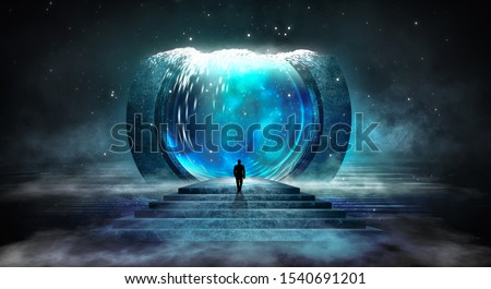 Dark abstract futuristic background. Scene with stairs up. Seabed, large abstract aquarium, sea waves. Blue neon light, concrete floor reflected in water.