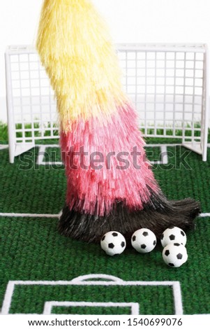 End of the season: broom with German national colours sweeping footballs from the football pitch