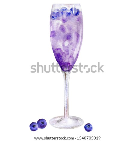 Watercolor cocktail isolated on white. Hand drawn illustration of blueberry drink. Hand drawn elements for menu, recipe, label, packaging design. Alcohol beverage for party.