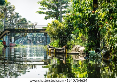 Small river channel in the lush jungle with palm trees and bright reflections, Alappuzha - Alleppey, India