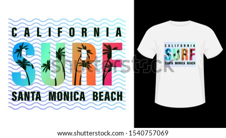 Colorful inscription California, Santa Monica beach surf print white t-shirt. Letters with silhouettes of palm trees. Vector illustration.
