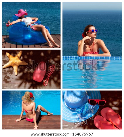 Set of five pictures. Summer concept. Sea and pool.