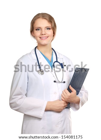 Portrait of young doctor or medic with clipboard and stethoscope isolated on white background