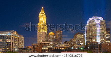 Boston Custom House and Financial District skyline at night, Boston, Massachusetts, USA.