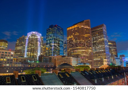 Boston Financial District buildings at night, Boston, Massachusetts MA, USA.