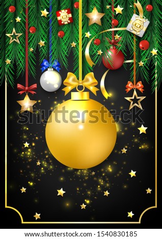 Happy New Year and Merry Christmas blank template with pine branches, xmas ball, star, gift box, ribbon on dark background for greeting card, vector illustration.