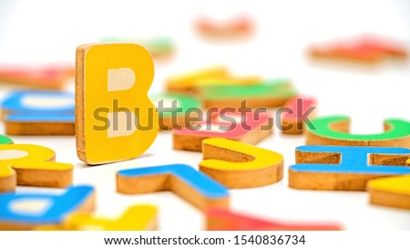 Close up education toys wooden Alphabet B letters macro photography isolated on white background