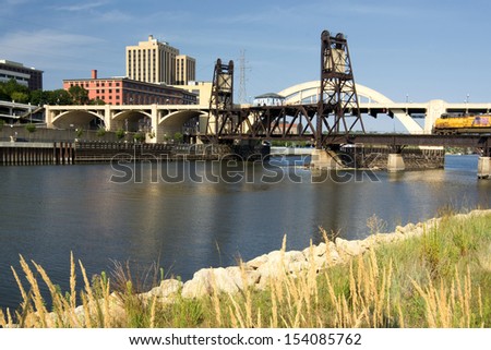 Railroad track and Robert Street Bridge from Raspberry island. Downtown Saint Paul, Minnesota 