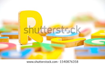Close up education toys wooden Alphabet R letters macro photography isolated on white background