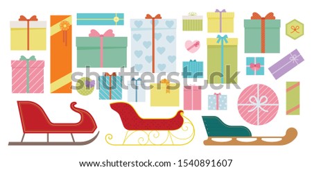 Various gift boxes and Santa's sleigh. flat design style minimal vector illustration.