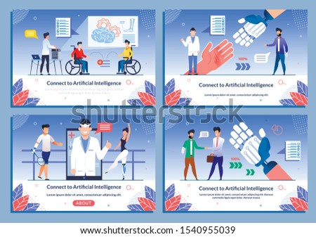 Bionic Prosthetic Limb for Disabled Flat Banner Set. Cartoon People Characters after Rehabilitation. Futuristic AI Technologies for Motor Activity Recovery. Presentation Webpage. Vector Illustration