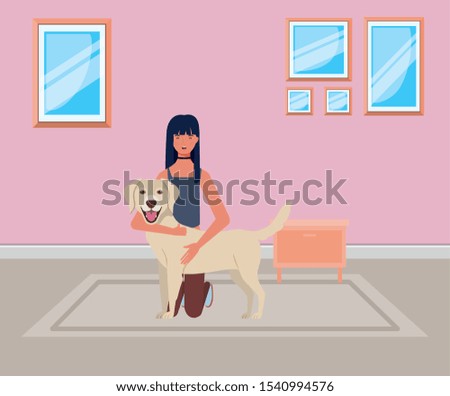 young woman with cute dog in the house room vector illustration design
