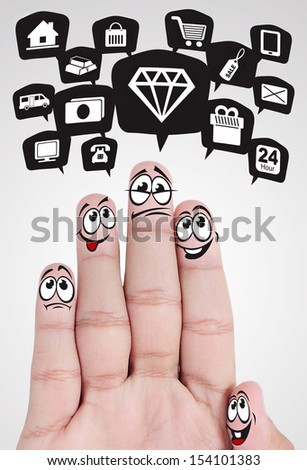 group of facial expressions on five fingers, isolated on white background