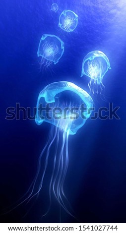 magical shining jellyfish underwater in the dark Royalty-Free Stock Photo #1541027744