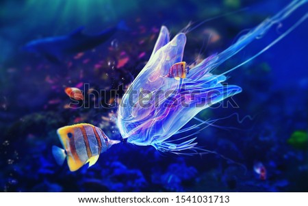 magical colorful jellyfish underwater  in the dark Royalty-Free Stock Photo #1541031713