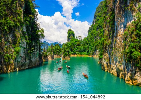 Aerial view of mountain in Ratchaprapha dam in Surat Thani province, Thailand. Beautiful nature in  Thailand. Royalty-Free Stock Photo #1541044892