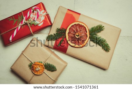 Hand made Christmas presents and Happ New Year 2019 gift boxes shot overhead.Beautiful decorative elements and handmade objects for winter holiday celebration shot from above