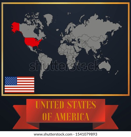 United States of America, USA national flag, realistic globe world map blank template, solid country outline silhouette, atlas for infographic, vector illustration set, isolated object, background